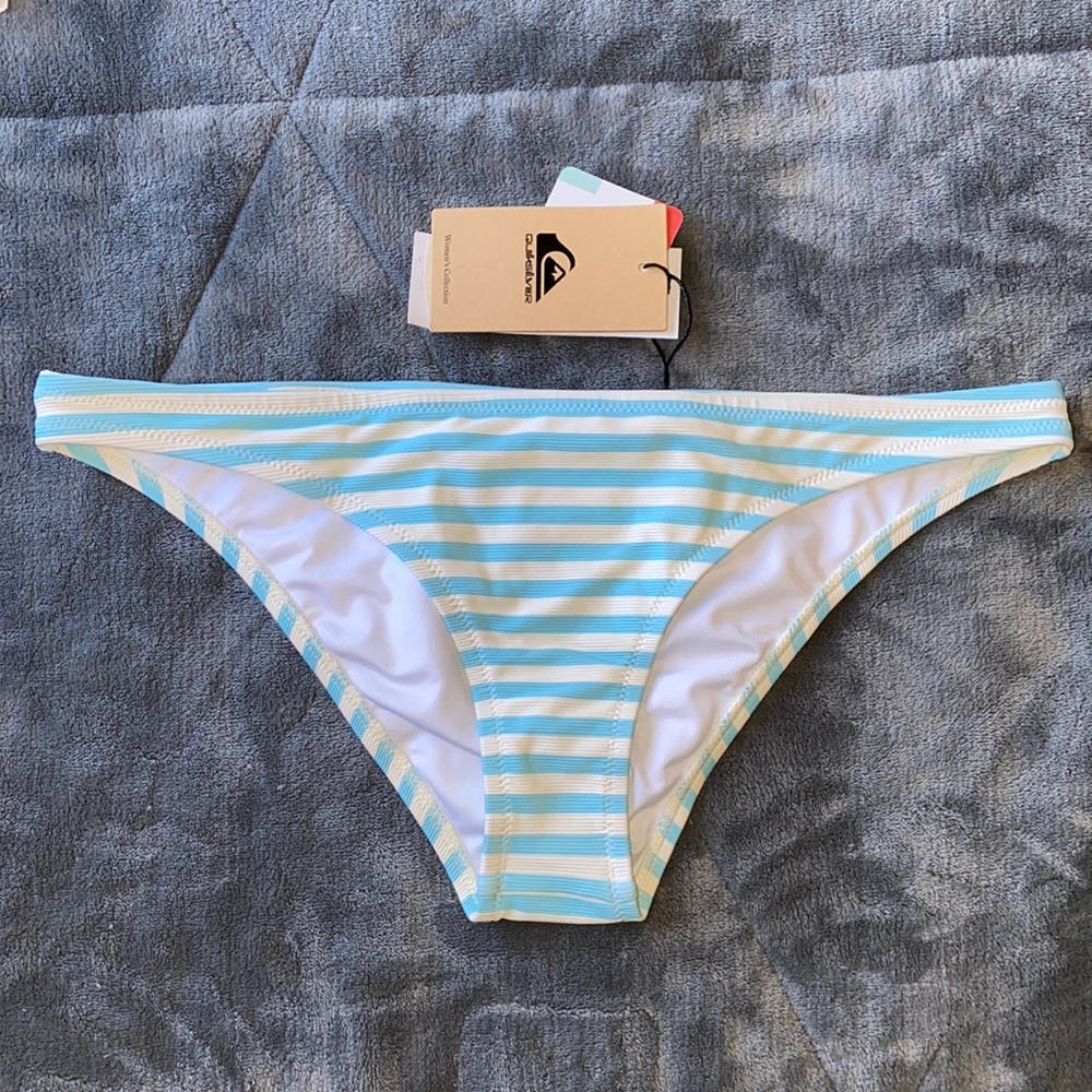 Quiksilver Light Blue and White Striped Bikini Bottom